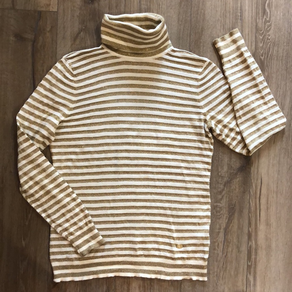 LAUREN RALPH LAUREN Gold Metallic Stripe Knit Turtleneck Sweater Top